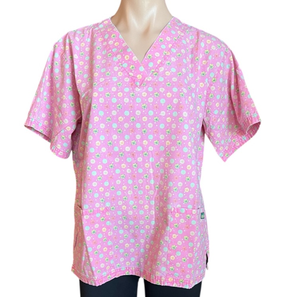 UA Scrubs Pink Flower Circles Short Sleeve Scrubs Top GUC